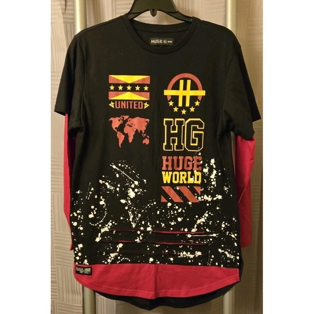 HUGE WORLD Graphic Long-Sleeve Shirt - Black/Red‎ Layered Boy's XL Streetwear
